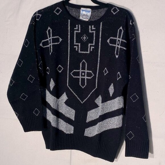 Vintage Paris Star Black Silver Knit Crew Neck Sweater S - Picture 9 of 9